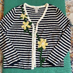 Vintage Orvis Navy Blue Striped Cotton Embroidered Floral Cardigan Sweater L